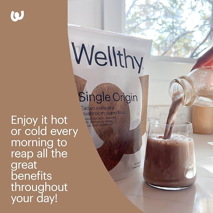 Wellthy Collagen Superfood Powder Fights Stress &amp Fatigue Cacao Mushroom Powder - Organic Chaga &amp Reishi Extracts Certified Organic Matcha Allergen-Free &amp Non-GMO