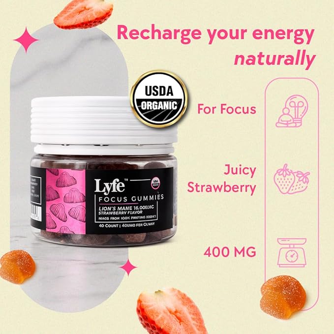 LYFE Functional Mushroom Gummies Strawberry Flavor (40 Count) – Lion’s Mane Extract Supplement for Focus Memory &amp Clarity – Plant-Based Gummies for Concentration Mood Balance &amp Daily Wellness