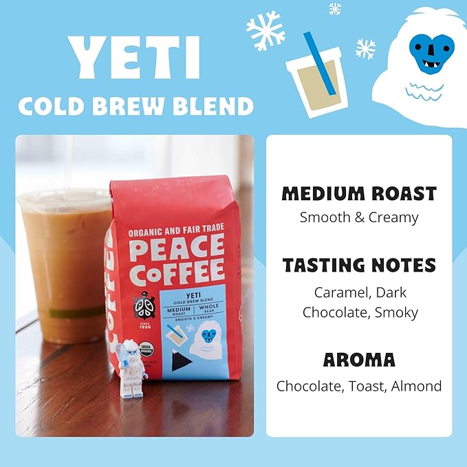 Peace Coffee Yeti Cold Brew Blend | 20 oz Medium Roast Whole Bean | Organic Fair Trade | Smooth Rich Flavor | Shade Grown Fresh Roasted