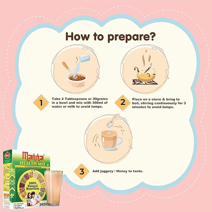 Manna Health Mix | 100% Natural Multigrain Nutrition Drink for Kids | Multi Millet Health Drink Mix Powder 1kg (500g x 2 Packs) | 14 Natural Ingredients