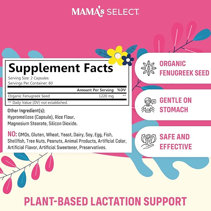 Mama's Select Organic Fenugreek Capsules – Natural Herbal Lactation Supplement to Boost Milk Supply Vegan Digestive Health Aid Allergen-Free &amp Non-GMO USA-Made for Breastfeeding Moms
