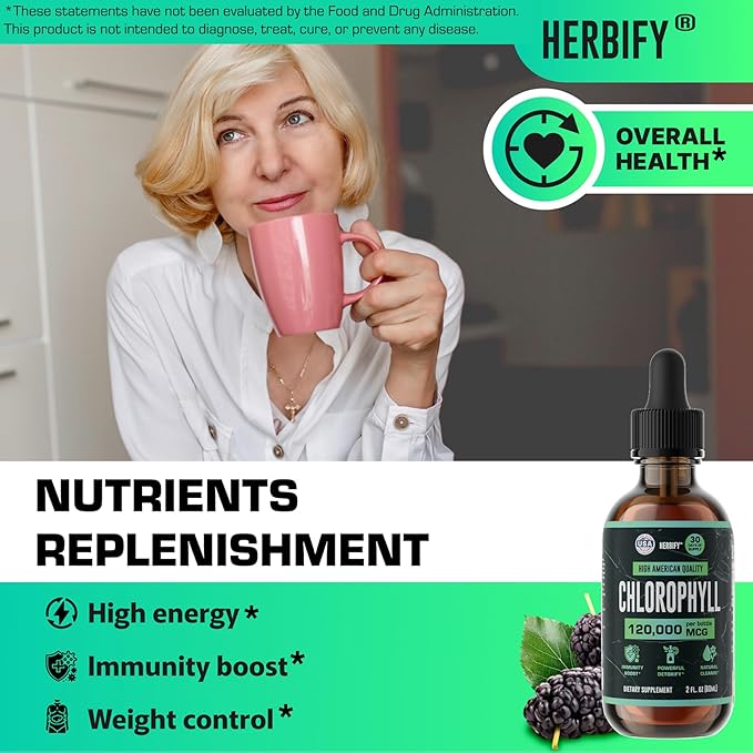 HERBIFY Chlorophyll Drops - Liquid Chlorophyll for Energy Boost &amp Immune System Support - Made in USA - Chlorophyll Liquid Drops for Body Detox Internal Deodorant &amp Enhance Skin - 2 Oz