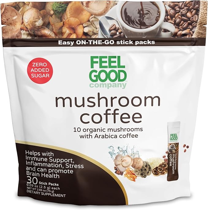 Feelgood Company Mushroom Coffee with 10 Organic Mushrooms and Arabica Coffee 30 Stick Packs Zero Added Sugar Supports Immune Health and Brain Function