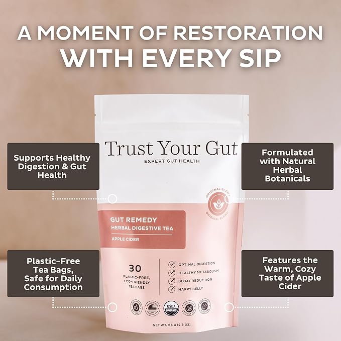 Trust Your Gut Organic Herbal Tea Blend – Lemon Balm Holy Basil Dandelion &amp Ginger Root – Supports Healthy Digestion &amp Gut Balance – Apple Cider 30 Bags