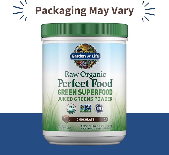 Garden of Life Raw Organic Perfect Food Green Superfood Juiced Greens Powder - Chocolate 60 Servings Non-GMO Gluten Free Vegan Whole Food Dietary Supplement Plus Probiotics Enzymes