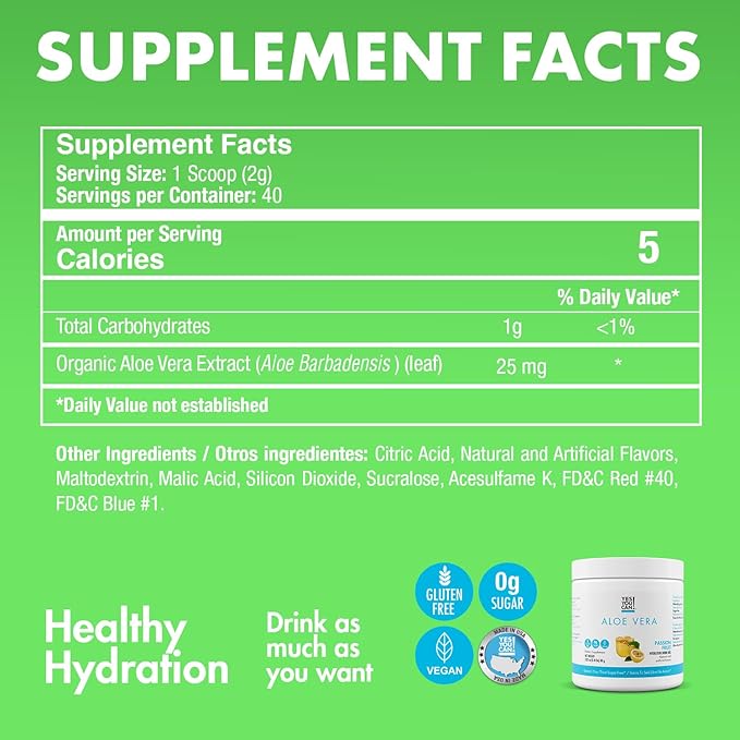 Yes You Can! Organic Aloe Vera Powder Drink Mix - Hydration Booster Infused with Pure Aloe Juice - Delicious Flavors - Made in USA - Antioxidant Rich - Passion Fruit - 40 Servings (Pack of 2)