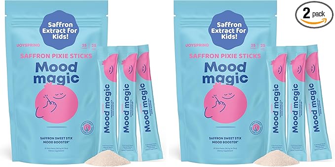 JoySpring Mood Magic for Kids – Natural Mood Support Pixie Sticks Candy with Saffron Extract Magnesium Citrate &amp Vitamin D3 | Sugar-Free Powder Drink or Candy | 25 Servings | 4+ Years (Pack of 2)