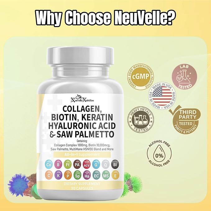 16 in 1 Collagen Supplement - Peptides Types IIIIII &amp V with Biotin Keratin Hyaluronic Acid Saw Palmetto Vitamins C &amp E Apple Cider Vinegar &amp PABA - Nail Skin &amp Hair Health Supp