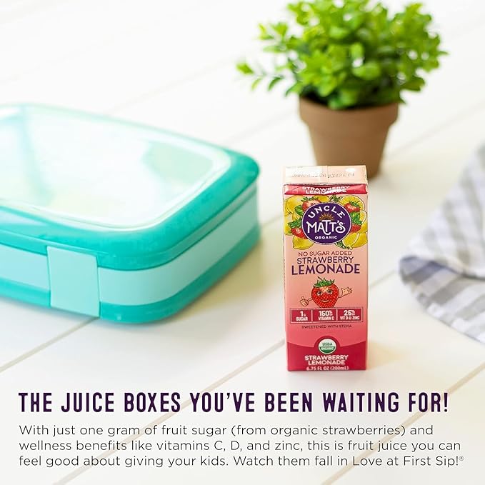 Uncle Matt’s No Sugar Added Strawberry Lemonade Organic Fruit Juice Box for Kids with Vitamin C D Zinc Only 10 Calories 32 pack of 6.75 oz Boxes