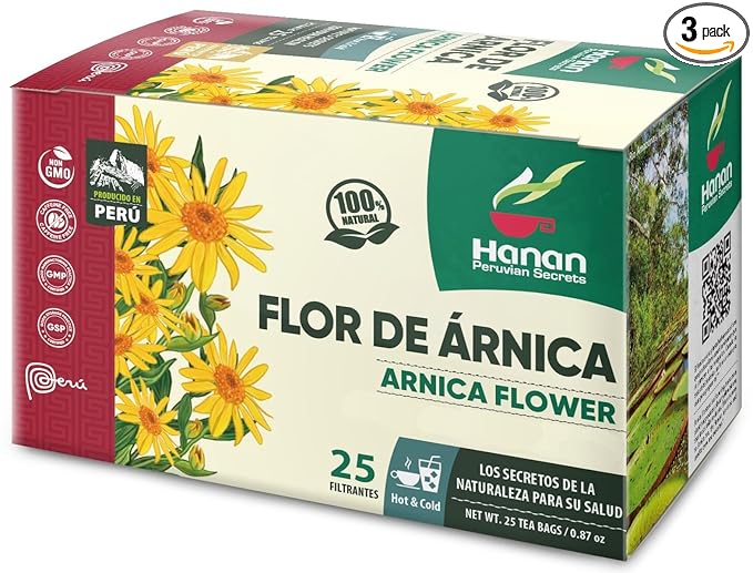 Hanan Peruvian Secrets Flor de Arnica (Arnica Flower) | 100% Natural Dried Herbal Tea from Peru known for its healing properties | 25 Tea Bags |