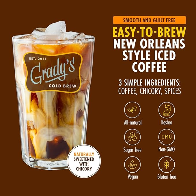 GRADY’S COLD BREW French Vanilla 100% Arabica Ground Coffee &amp Chicory Pouches ONE Box with 4 Easy-to-Brew Bean Bags Makes 12 drinks