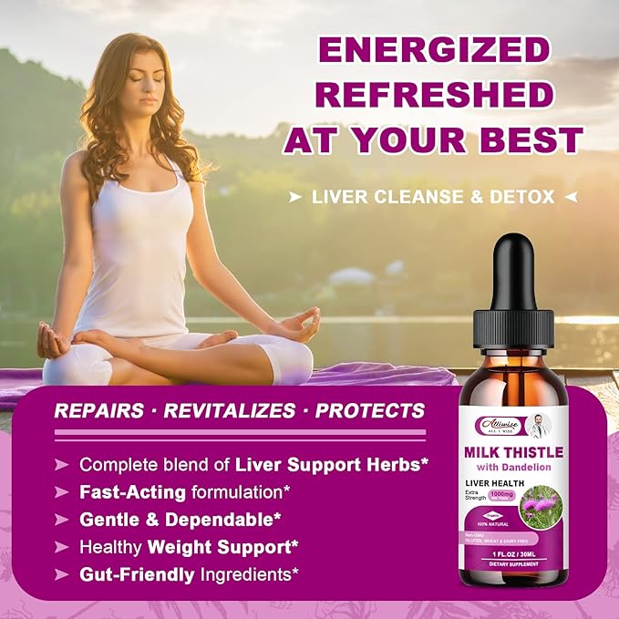 Liver Health Support Liquid 1000mg Milk Thistle 80% Silymarin Extract &amp 250mg Dandelion Root Extract Liver Cleanse Detox &amp Repair Fatty Liver Formula Vegan Non-GMO and All-Natural