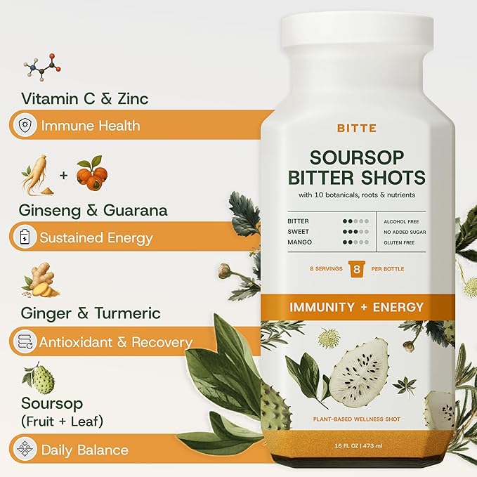 BITTE Immune + Energy Soursop Shots – 2 Pack Ready to Drink Mango Soursop with Zinc Ginseng Guarana &amp Turmeric – Clean Formula No Sugar Vegan Gluten-Free Non-GMO – 32 fl oz Total