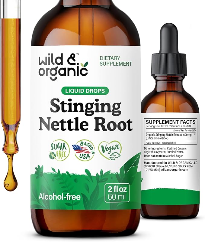 Wild &amp Organic Stinging Nettle Root Drops - Stinging Nettle Extract Tincture for Men &amp Women - Liquid Urtica Dioica Supplement - Vegan Sugar &amp Alcohol-Free - 2 fl oz