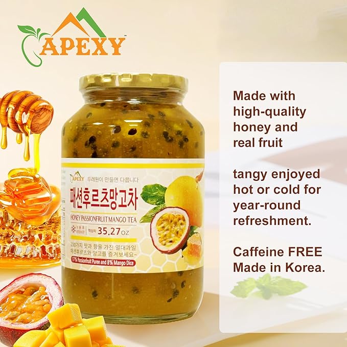 Apexy Korean Honey Passionfruit Mango Tea Made with Real Fruit No Artificial Colors – Tropical Drink Base Dessert Topping Smoothies Cocktails Yogurt Made in KOREA 35.27oz (1kg). (Passion Fruit Ma
