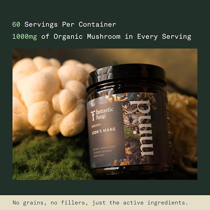 Fantastic Fungi Lions Mane Supplement Capsules - Lions Mane Mushroom Supplement for Focus Memory &amp Mood - Adaptogenic Functional Mushroom Extract USDA Organic Vegan 120 Capsules (2-Month Suppl