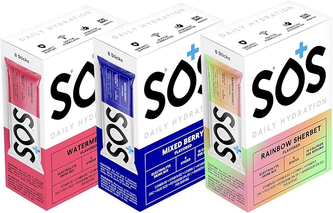 SOS Daily Electrolyte Stick Packets – Multi Pack | 24 Sticks | Rapid Hydration Powder with Electrolytes &amp Vitamins | Low Sugar Keto Friendly | 8 Mixed Berry | 8 Watermelon | 8 Rainbow Sherbert
