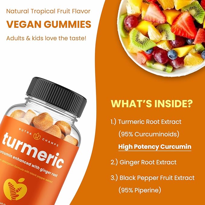 Turmeric Gummies for Adults &amp Kids with Ginger &amp Black Pepper Extract | 95% Curcuminoids | Vegan Natural Curcumin Joint Support | 120 Tumeric Gummy Supplements (2-Pack)