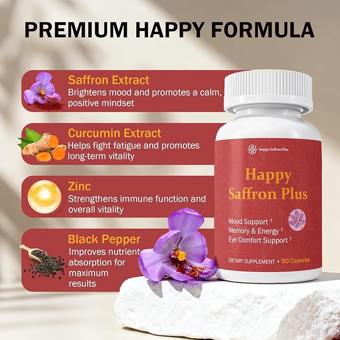 Saffron Supplement for Mood Focus Energy Support Organic Saffron Extract with Curcumin &amp Zinc High Absorption 90 Vegan Capsules
