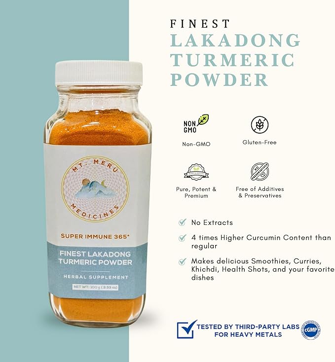 Mt.Meru Medicines Finest Lakadong Turmeric/Haldi Powder Non-GMO Third-Party Tested for Heavy Metals and Curcumin Content Hand-Picked Sun-Dried and Stone-Ground (100g/3.53oz)