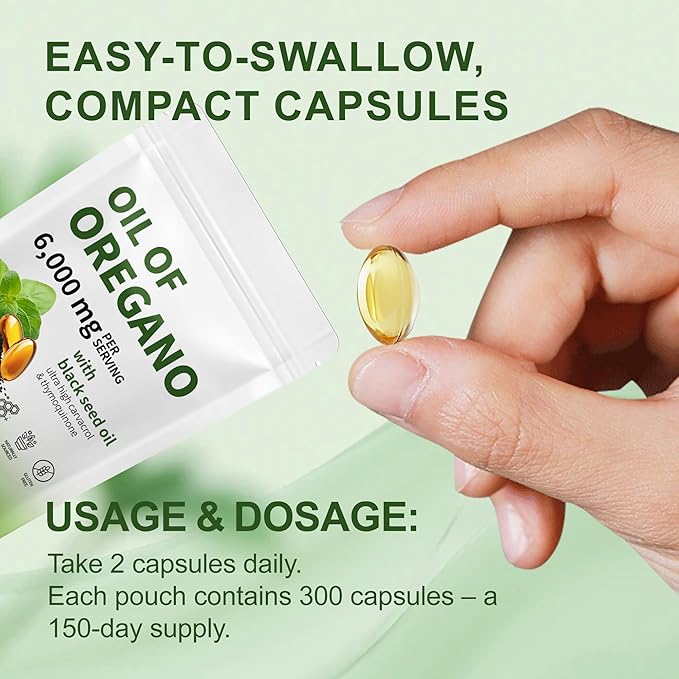 Oil of Oregano with Black Seed Oil - Oil of Oregano Capsules Aceite de Orégano Capsulas Immune Support Non-GMO Gluten Free 6000MG 300 Softgels