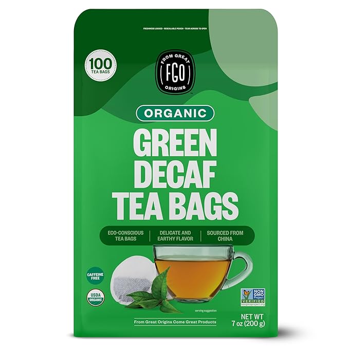 FGO Organic Green Decaf Tea 100 Count Eco-Conscious Tea Bags Resealable Bag Caffeine Free Packaging May Vary (Pack of 1)