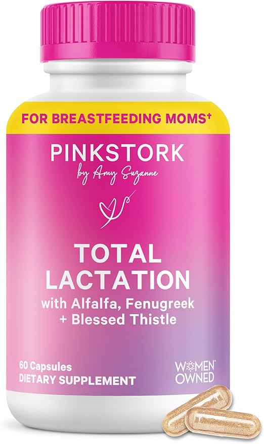 Pink Stork Total Lactation Supplement for Breast Milk Supply Organic Fenugreek and Alfalfa to Support Breastfeeding Milk Flow and Production Postpartum Essentials - 60 Capsules