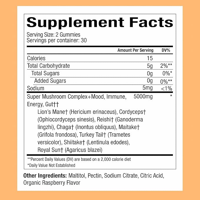 WonderDay Extra Strength Mushroom Gummies – Sugar Free Lion’s Mane Cordyceps Reishi &amp Chaga Supplement for Adults – Mood Boost Energy Focus Immune Support &amp Gut Health – Vegan Non-GMO (6