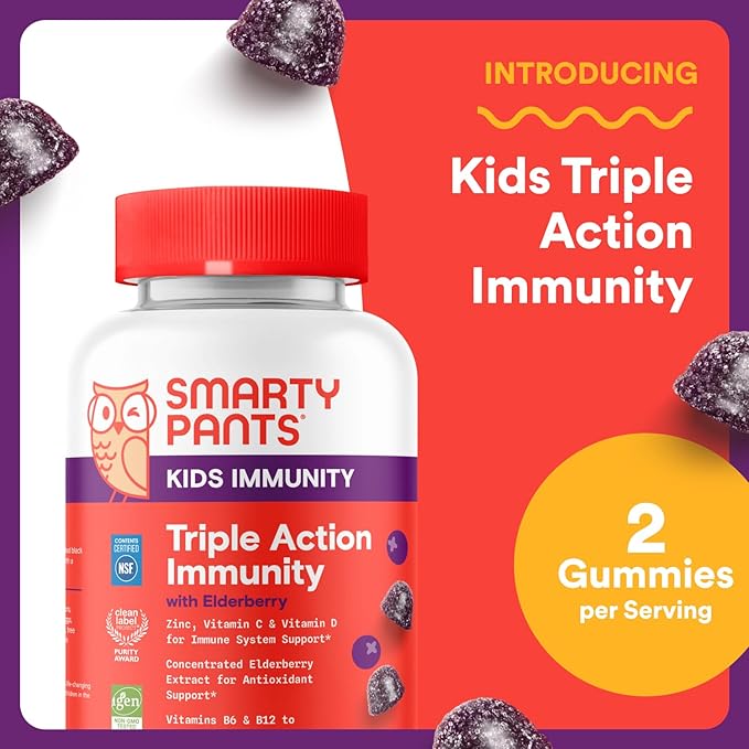 SmartyPants Kids Immunity Elderberry Gummies: Kids Immune Support Supplement Vitamin C Vitamin D Vitamins B6 &amp B12 and Zinc Gluten Free Elderberry Flavor 60 Count (30 Day Supply) (Pack of 2)