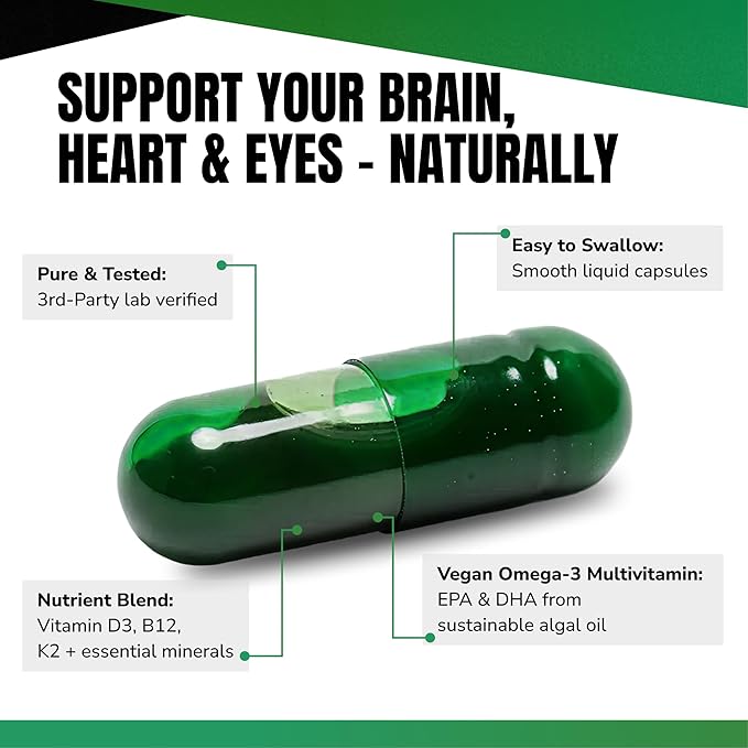 VEDGE Vegan Omega 3 Multivitamin for Women and Men – Plant-Based Algal EPA &amp DHA + Vitamin B12 Vitamin D K2 Magnesium Zinc &amp Selenium – 30-Day Supply – Non-GMO Gluten Free Made in USA