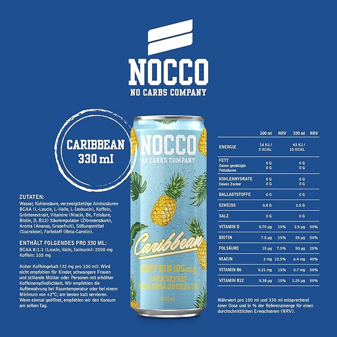 NOCCO BCAA Caribbean 12 x 330ml | Proteinreiches Energy - Getränk ohne Zucker | No Carbs Company | Vitamin- und Koffein-Boost | Kohlensäurehaltige Sportgetränke für Muskelleistung und - regeneration