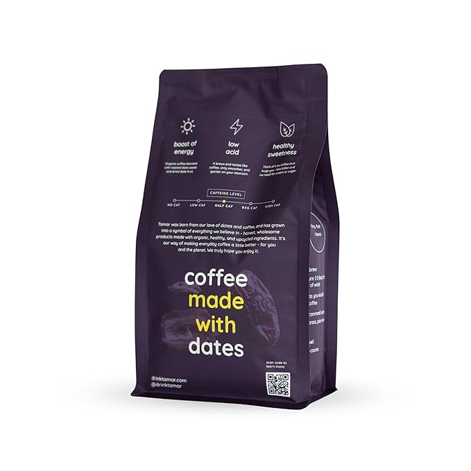 Balance by Tamar Date Coffee | Organic Ground Blend of Coffee &amp Whole Dates | Low Acid | Less Caffeine | Healthy Sweetness | Boost of Energy | Medium Roast | 12oz bag