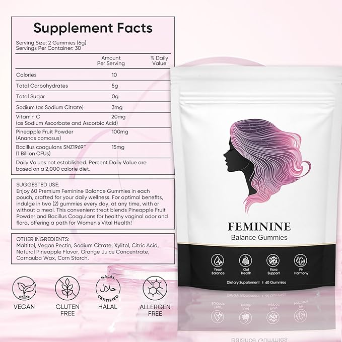 Nuora Feminine Balance Gummies for Women PH Balance Healthy Odor Flora and Immune Support Vaginal Health Support Vegan Hawaiian Pineapple 60 Count (1)