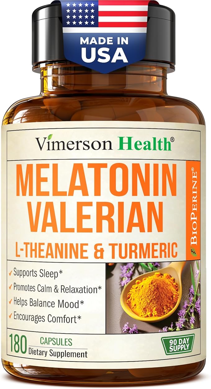 Melatonin 3mg Sleep Aid with L-Theanine &amp Valerian Root – Turmeric Curcumin Supplement with Ginger &amp Black Pepper – Organic Turmeric Supplement for Sleep Calm and Stress Relief Support – 180