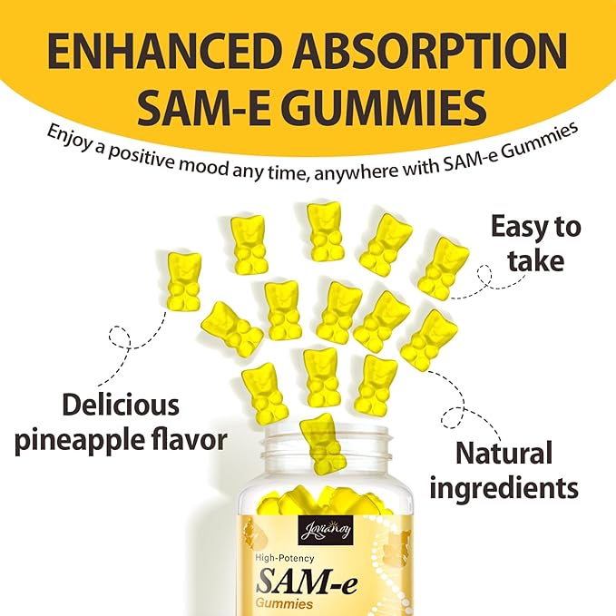 SAM-e Gummies with L-Tyrosine Vitamin B Complex &amp NAC CoQ10 High-Potency SAM-e Supplement - Pineapple Flavor for Mood Joint Cognitive &amp Liver Detox Vegan Friendly 90 Gummies