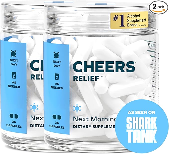 Cheers Relief | Next Morning Aid with Ginger + White Willow Bark | Feel Better After Drinking | 24 Doses | Ginger White Willow Bark L-Theanine Caffeine