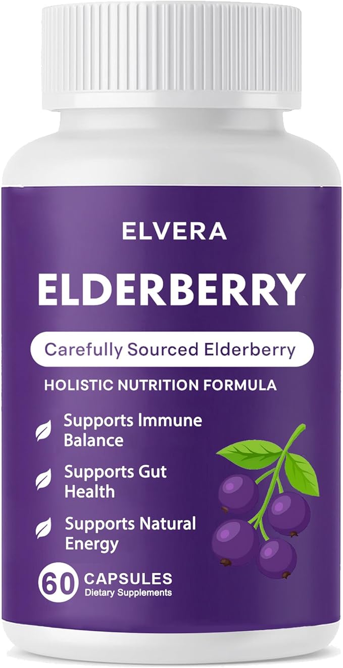 Elvera Elderberry Gut Support Complex - Organic Black Elderberry Soft Capsules with Zinc &amp Vitamin C – Immune Support Digestive Balance Natural Energy Daily Immune &amp Digestive Wellness 60