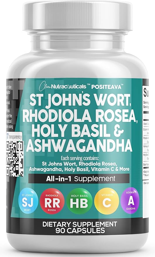Clean Nutraceuticals St Johns Wort Rhodiola Rosea Holy Basil Ashwagandha - Mood Support for Women and Men with Vitamin C &amp Black Pepper Extract - 90 Caps
