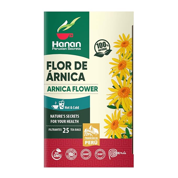 Hanan Peruvian Secrets Flor de Arnica (Arnica Flower) | 100% Natural Dried Herbal Tea from Peru known for its healing properties | 25 Tea Bags |