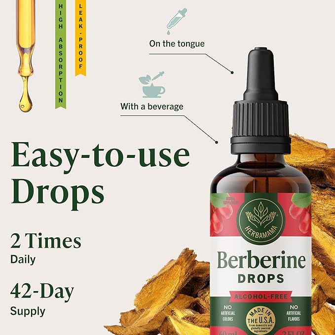 HERBAMAMA Berberine Liquid Drops - Vegan Antioxidant &amp Overall Support with Berberine HCL 500mg Extract Tincture - Non-GMO Alcohol &amp Sugar-Free Supplement 42-Day Supply