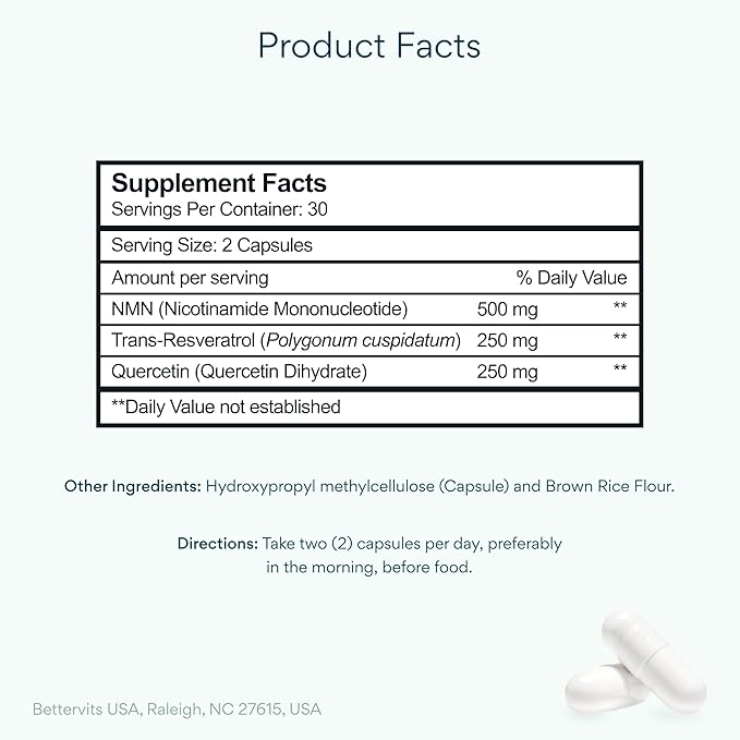 Bettervits NMN Supplement with Quercetin Powder| NAD+ Resveratrol Support Formula for Cells Regeneration Energy and Anti-Aging Support | NAD Supplements for Women &amp Men - 60 Capsules