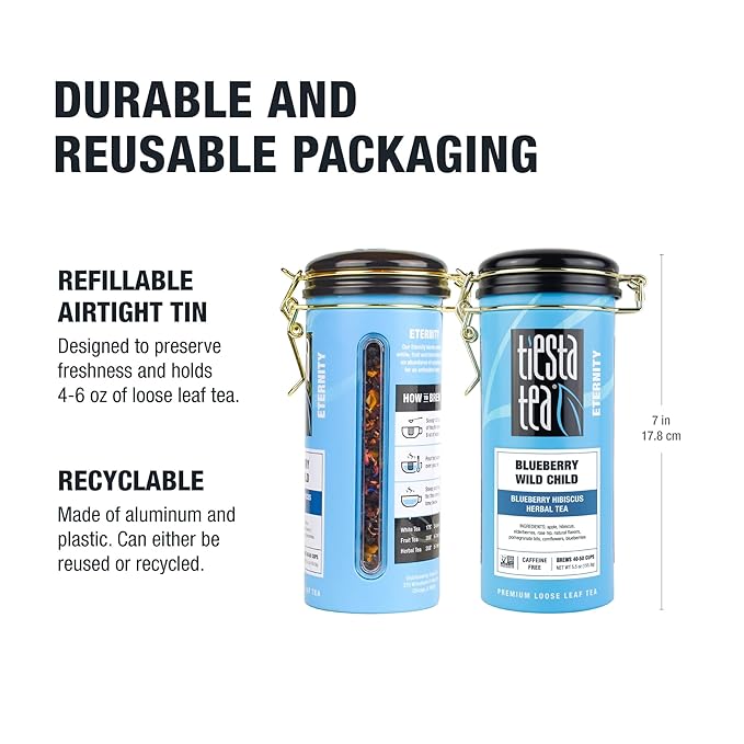 Tiesta Tea - Blueberry Wild Child Loose Leaf Blueberry Hibiscus Herbal Tea Premium Non-Caffeinated Blend Hot or Iced &amp Brews Up to 250 Cups 16oz Bulk Pouch &amp 5.5oz Refillable Tin Combo
