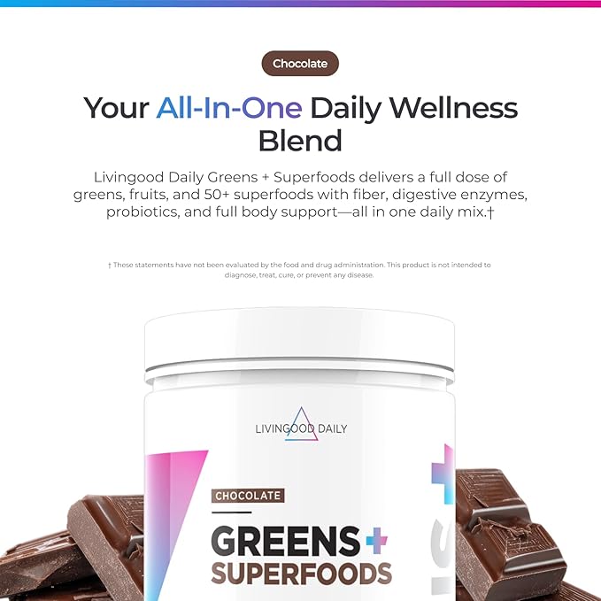 Livingood Daily Greens &amp Superfood Powder Super Greens for Gut Health Green Juice Powder with Spirulina Chlorella and Digestive Enzymes Probiotics for Digestive Support Chocolate 30 Serving