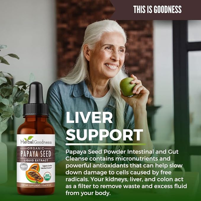 Herbal Goodness Papaya Seeds Digestive Enzymes 1oz -Organic Papaya Seed Extract for Gut &amp Digestive Health | Detox Cleanse Support Non GMO Gluten-Free Raw Unprocessed for High Potency