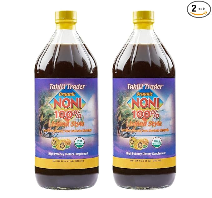 Tahiti Trader Island Style High Potency Noni Fruit Juice - Organic Antioxidant Superfood Supporting Energy &amp Body Health - Fermented to Vinegar - 32oz 2 Pack
