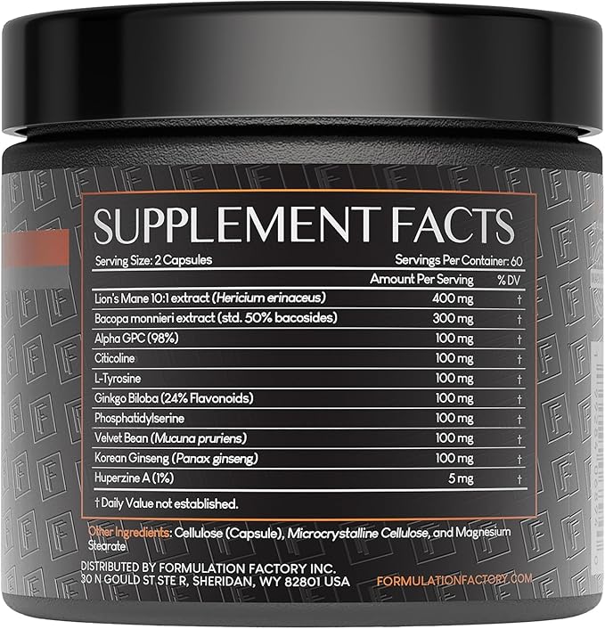 Formulation Factory BOSS Mode 10-in-1 Nootropic Cognitive Enhancement Supplement Focus &amp Memory Booster Featuring Lion’s Mane Bacopa Monnieri Alpha-GPC Ginseng &amp More 240 Capsules (2 Pack