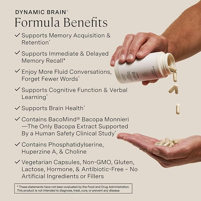Stonehenge Health Dynamic Brain – BacoMind® Bacopa Nootropic Formula – Memory Recall &amp Retention Phosphatidylserine Huperzine A DHA &amp Choline – 40 Brain-Boosting Ingredients – Non-GMO 60