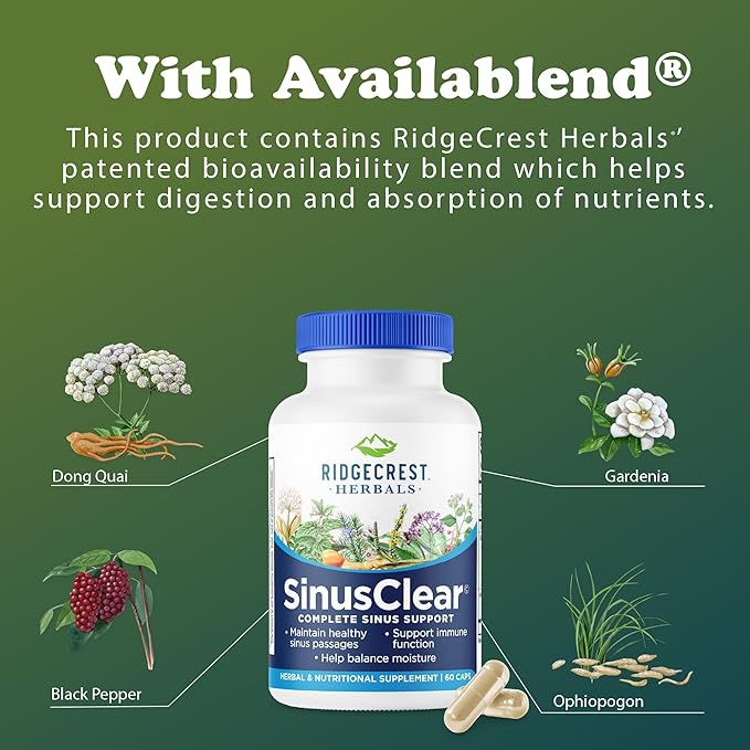 RidgeCrest Herbals SinusClear Complete Formula for Sinus and Nasal Health with Mullein Leaf Bromelain Vitamin C and Zinc for Healthy Mucus Immune &amp Respiratory Support (60 Veg Caps 30 Serv
