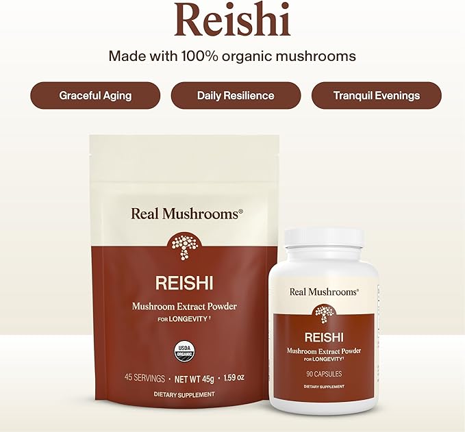 Real Mushrooms Reishi Mushroom Capsules - Handpicked Organic Mushroom Extracts - Red Reishi for Tranquil Daily Wellness with Verified Beta Glucans Vegan Non-GMO No Grain Fillers 90 ct