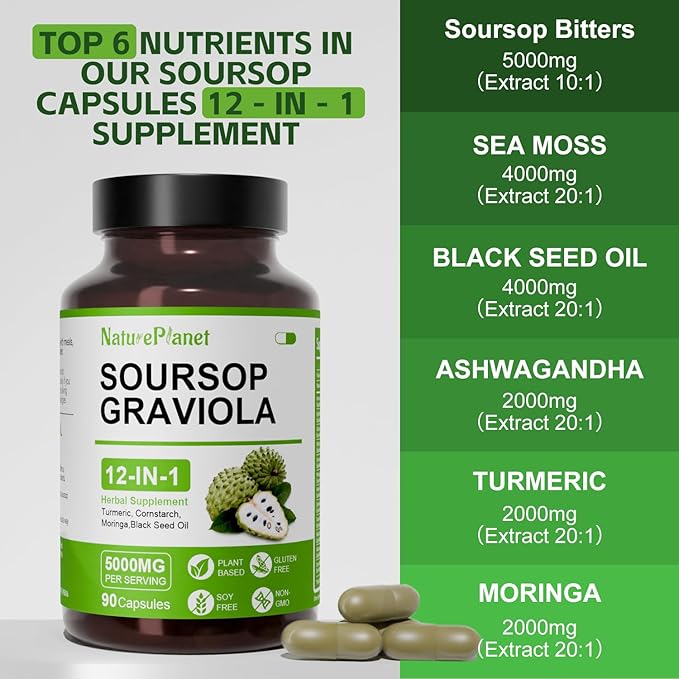 NaturePlanet Soursop Graviola Capsules with Black Seed Oil Sea Moss Ashwagandha Turmeric &amp Moringa丨12 in 1 Herbal Blend Formula丨Immune Support &amp Gut health丨Gluten-Free Non GMO Vegan - 90